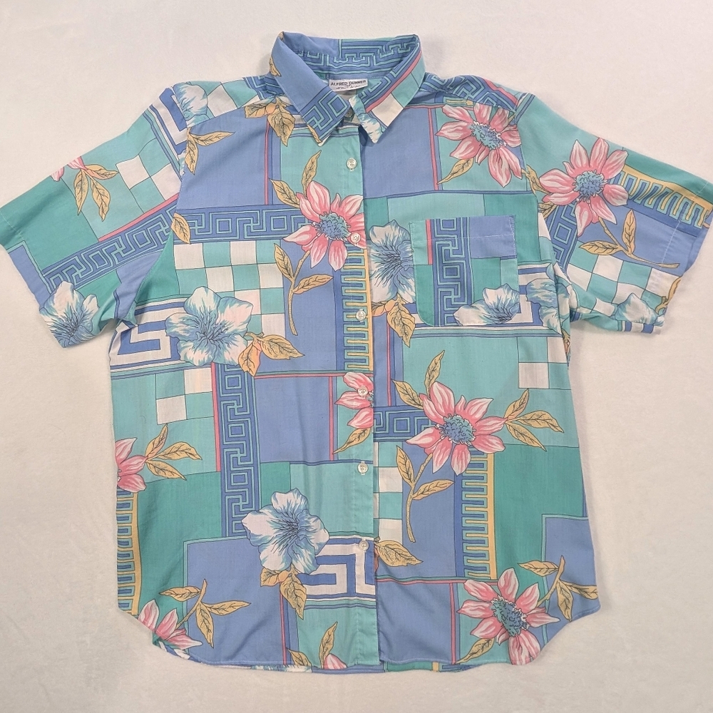 Vtg 80s ALFRED DUNNER Pastel Floral Check Hawaiian | Grandmacore | Size 40 (M)